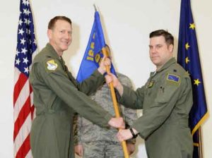 Lt. Col. Benjamin Doyle assumed command of the 168th Operations Support Squadron, Alaska Air National Guard, December 22, 2016 during a ceremony held at the unit’s operations group theater Eielson AFB. (U.S. Air National Guard photo by Senior Master Sgt. Paul Mann/Released)