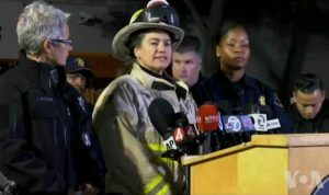 Fire Official Melinda Drayton speaking to the press about deadly fire. Image-VOA