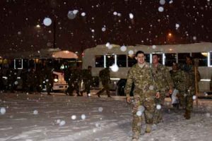Anchorage’s first decent snowfall of the winter welcomed the 109th Transportation Company’s Dec. 1 return from a nine-month deployment to Kuwait. Photo by John Pennell United States Army Alaska 