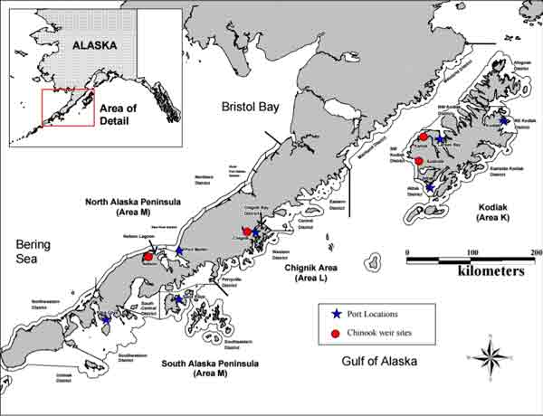 Map depicting the Westward Region and commercial salmon fishery districts of Kodiak, Chignik, and Alaska Peninsula management areas. Image-ADF&G