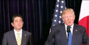 Japan's Prime Minister Shinzo Abe and President Trump making statements on North Korean missile launch.