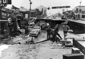 Collapse of Fourth Avenue near C Street. Photo - Earth Science Photographs from the U.S. Geological Survey Library, by Joseph K. McGregor and Carl Abston.