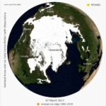 Arctic sea ice reached 14.42 million square kilometers (5.57 million square miles) on 7 March 2017. Credit: NSIDC/NASA.