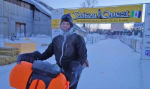 Jeff Oatley arrives in Fairbanks from Skagway on Feb. 16, 2017. He was halfway to Nome on a 1,818-mile bike ride on snowmachine trails. Photo by Ned Rozell.