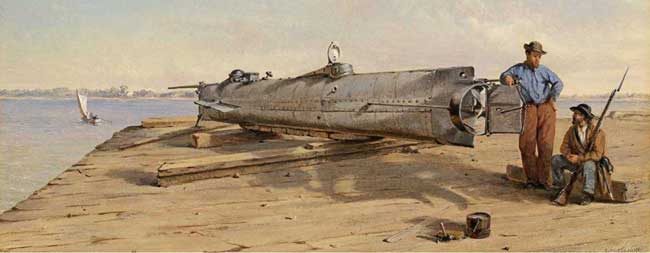 An oil painting by Conrad Wise Chapman, “Submarine Torpedo Boat H.L. Hunley, Dec. 6, 1863”