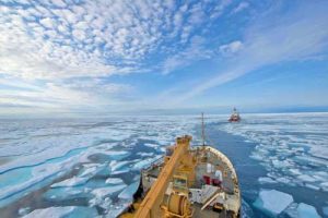 The crew of U.S. Coast Guard Cutter Maple follows the crew of Canadian Coast Guard Icebreaker Terry Fox through the icy waters of Franklin Strait, in Nunavut Canada. U.S. Coast Guard photo by Petty Officer 2nd Class Nate Littlejohn