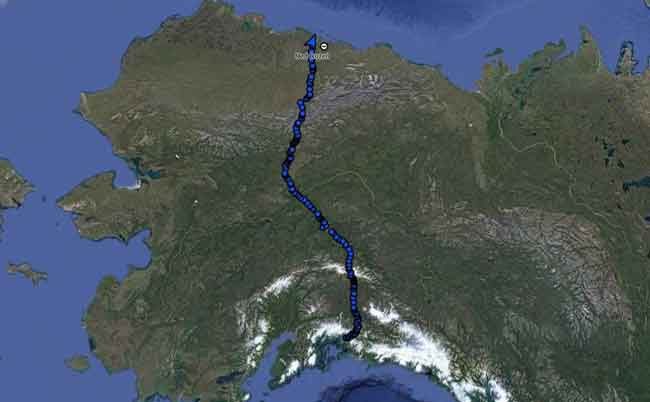 The pathway of Ned Rozell and his dog Cora’s 96-day summer walk, across Alaska along the path of the Trans-Alaska Pipeline. Photo by Ned Rozell.