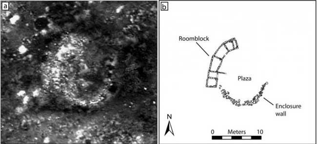 A Chaco-era room block (LA 170609) at Blue J, NM as it appears in (a) 5:18 a.m. thermal image; (b) architectural plan produced by test excavations. (Images by Jesse Casana, John Kantner, Adam Wiewel, and Jackson Cothren).
