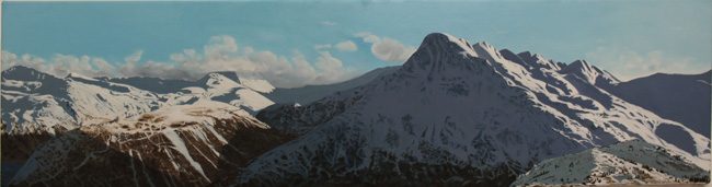 Photo: Ing’iq (Barometer Mountain), oil on canvas, by Genevieve Opheim, 48 x 12", 2017. Purchased with support from the Rasmuson Art Acquisition Fund.