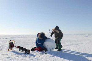 A research team deploys an ice beacon on sea ice north of Utqiagvik (formerly known as Barrow), Alaska’s northernmost community. Photo by Ignatius Rigor of the Polar Science Center, Applied Physics Laboratory University of Washington.