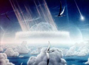 An artist’s rendering of the Chicxulub asteroid impact that killed off most of the dinosaurs from 1994. Credit: Donald E. Davis/NASA/JPL.