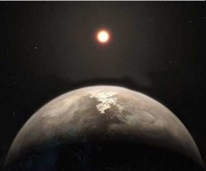 This artist's impression shows the temperate planet Ross 128 b, with its red dwarf parent star in the background. This planet, which lies only 11 light-years from Earth, was found by a team using ESO's unique planet-hunting HARPS instrument. Image credit: ESO/M. Kornmesser