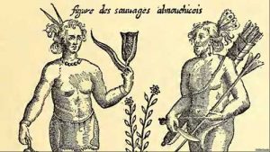 Fanciful 1612 engraving of depicting the Almouchicois Indians—the French term for the Massachusett-speaking peoples of southern New England, after a 1605 drawing by the French explorer.