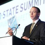 Deputy Attorney General Rod Rosenstein speaking at the 50-state Public Safety Summit. Image-CSG Justice Center/Twitter