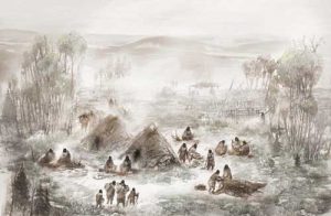 A scientific illustration of the Upward Sun River camp in what is now Interior Alaska. Illustration by Eric S. Carlson in collaboration with Ben A. Potter 