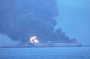 In this photo provided by Korea Coast Guard, the Panama-registered tanker "Sanchi" is seen ablaze after a collision with a Hong Kong-registered freighter off China's eastern coast, Jan. 7, 2018.