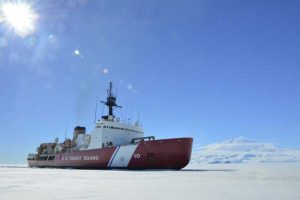 The Coast Guard Cutter Polar Star breaks ice in McMurdo Sound near Antarctica on Saturday, Jan. 13, 2018. U.S. Coast Guard photo by Chief Petty Officer Nick Ameen.