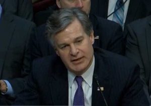 FBI Director Christopher Wray testifying at Senate Intelligence Committee hearing Tuesday. Image-MSN screengrab.