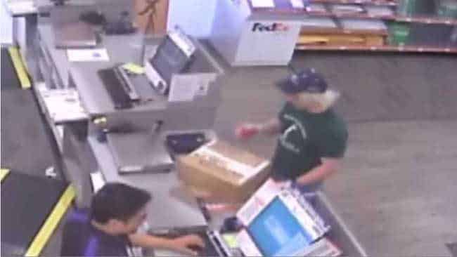 Mark Anthony Conditt delivering packaged explosive devices to FedEx. Image-CCTV