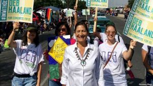 FILE - A photo shows 2018 Congressional candidate Deb Haaland, Democrat and a member of the San Felipe Pueblo with supporters at New Mexico State Fair in September 2017.