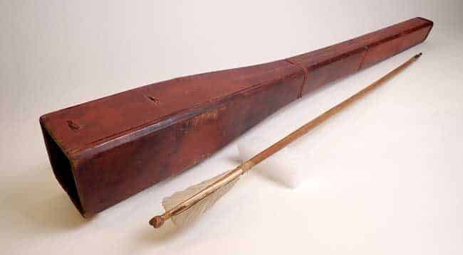 Photo: Nineteenth century wooden quiver and accompanying arrow. Gift of Father Cecil ‘Sisinii’ and Zoya Petellin King and their descendants. Photograph courtesy the Alutiiq Museum.