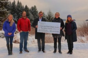 "From left to right: Rochelle Lindley, Coeur Alaska Community & Government Affairs Manager, Dr. Jason Amundson, UAS Associate Professor of Geophysics, Mark Kiessling, General Manager Coeur Inc., Dr. Karen Carey, UAS Chancellor, and Dr. Sonia Nagorski, UAS Associate Professor of Geology."