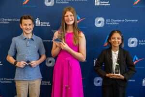 The photo of the three winners from left to right are: Liam Cuddy, Romig Middle School, Finley Foster, Ravenwood Elementary and Emily Brubaker, Romig Middle School.