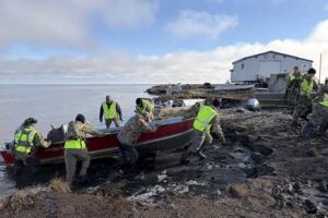 Alaska Organized Militia members assigned to Task Force Bethel continue recovery efforts, including retrieving boats the storm washed away and clearing debris at Chefornak. (Courtesy photo)
