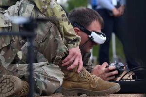A soldier practices with a first-person view drone system during Gauntlet I of the War Department's Drone Dominance Program that took place at Fort Benning, Ga., from February to March 2026. Courtesy photo