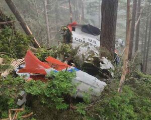The wreckage of a Coast Guard MH-60 Jayhawk helicopter from Coast Guard Air Station Sitka is seen on Harbor Mountain in Sitka. (U.S. Coast Guard photo)