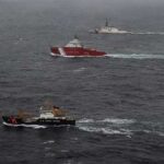 USCGC Munro (WMSL 755) transits in formation in the high latitudes of the Arctic Ocean alongside USCGC Storis (WAGB 21) and USCGC Fir (WLB 213) in support of Operation Tundra Merlin, July 21, 2026. (U.S. Coast Guard courtesy photo.)
