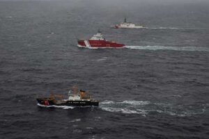 USCGC Munro (WMSL 755) transits in formation in the high latitudes of the Arctic Ocean alongside USCGC Storis (WAGB 21) and USCGC Fir (WLB 213) in support of Operation Tundra Merlin, July 21, 2026. (U.S. Coast Guard courtesy photo.)