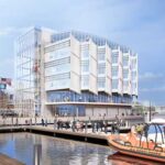 A rendering shows the future National Coast Guard Museum along the Thames River waterfront in New London, Connecticut. (U.S. Coast Guard rendering)