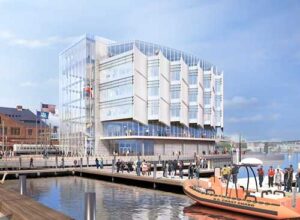 A rendering shows the future National Coast Guard Museum along the Thames River waterfront in New London, Connecticut. (U.S. Coast Guard rendering)