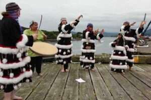 Photo: The Kodiak Alutiiq Dancers perform. Dancing Forwards workshop, Kodiak.