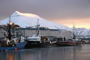Crab boats moored in Dutch Harbor, AK with Mount Ballyhoo in the background. Image-National Institute for Occupational Safety and Health