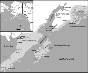 Map:  The Alutiiq world, with English Bay at the tip of the Kenai Peninsula.
