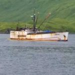 The fishing vessel Akutan in Captains Bay near Unalaska. A unified command was established to mitigate potential pollution and environmental impact from the vessel. U.S. Coast Guard photo