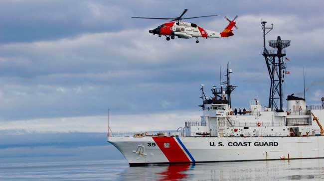 The crew of Coast Guard Cutter Alex Haley conducts helicopter operations in the North Pacific in support of Operation Arctic Shield 2015. (U.S. Coast Guard photo by Petty Officer 3rd Class Jesse Kristofferson)