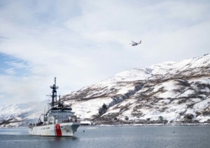 The crew of the Coast Guard Cutter Alex Haley makes its way to homeport in Kodiak, Alaska, Feb. 8, 2015. (U.S. Coast Guard photo by Petty Officer 2nd Class Diana Honings)