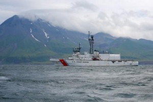 Coast Guard Cutter Alex Haley patrols the Aleutian Islands near Great Sitkin during its 68-day deployment in August. U.S. Coast Guard photo by Petty Officer 3rd Class Dale Arnould.