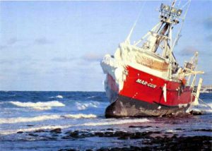 The fishing vessel Mar-Gun grounded on St. George in 2009. Image-USCG/MST2 Gerald Holle