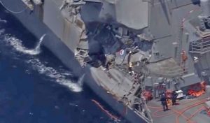 Damage is visible on the guided-missile destroyer USS John S. McCain. Image-Youtube