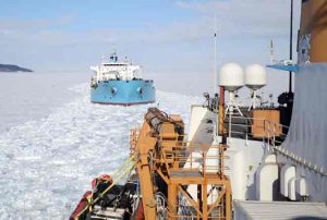 The USCGC Polar Star escorts a tanker through the sea ice of McMurdo Sound. Credit: U.S. Coast Guard