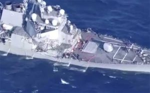 The USS Fitzgerald suffered extensive damage after colliding with a Philippine=flagged merchant ship Friday. Image-USNI