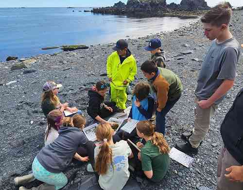 Kodiak campers share their findings from tidepooling on Fort Abercrombie Beach. Photo by Leigh Lubin/Alaska Sea Grant.