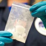 A bag of 4-fluoro isobutyryl fentanyl, which was seized in a drug raid, is displayed at the Drug Enforcement Administration (DEA) Special Testing and Research Laboratory in Sterling, Virginia. Image-DEA