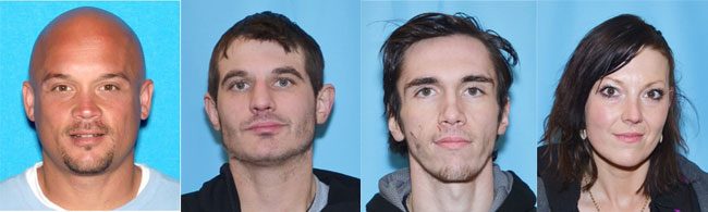 Four individuals are sought on multiple charges. David Gonzales, Brandon Madrid, Braden Asbury, and Karri Embach. Images-DoJ