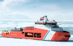 Artists rendering of the future Arctic Security Cutter that the U.S. Coast Guard said would first be homeported in Alaska. The first of the icebreaking cutters are scheduled for delivery in 2028. (Davie Defense, Inc.)
