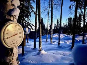 Photo by Rod Boyce
The temperature falls to 45 degrees Fahrenheit below zero at this home in Two Rivers, Alaska, on March 11, 2026.